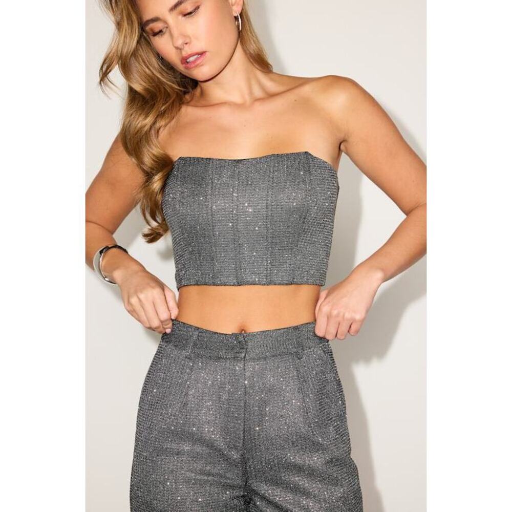 Lulus Lunelle Gunmetal Silver Lurex Sequin Strapless Crop Top - Size L